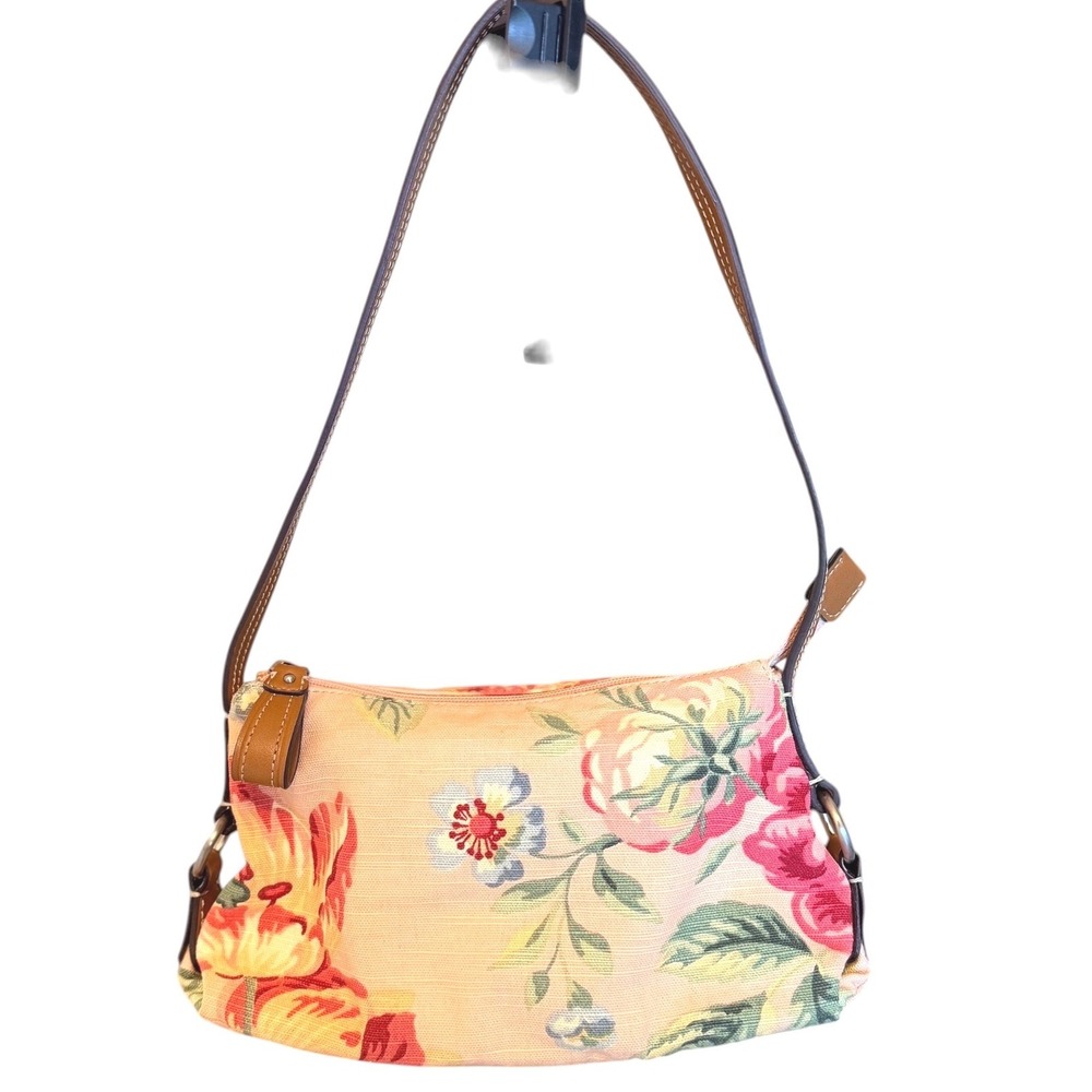 Fossil Floral Canvas Baguette Shoulder Bag Leather Trim Y2K VTG Boho Feminine